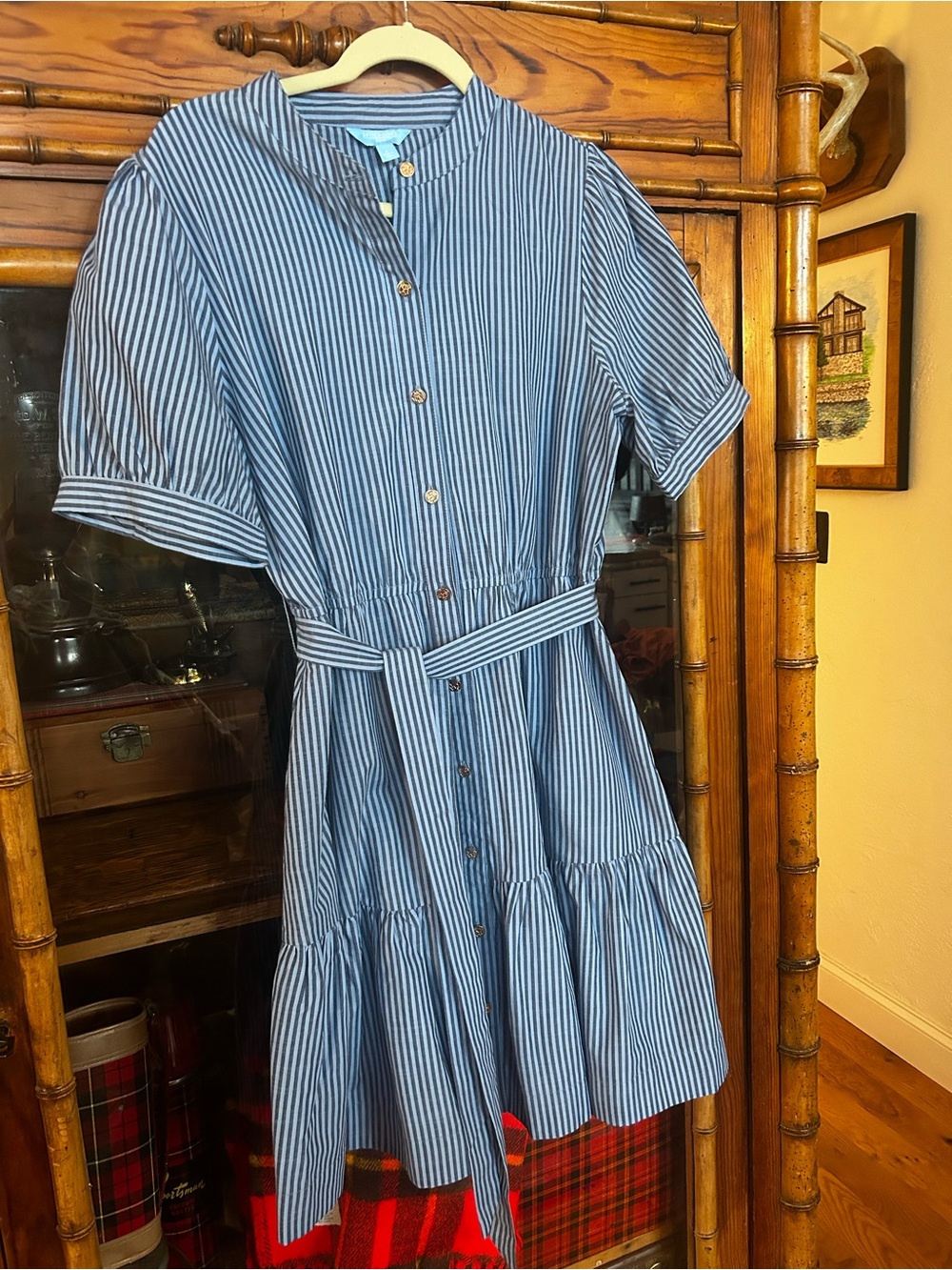 Draper James Blue and White Striped Shirt Dress with Belt